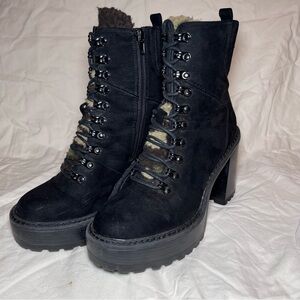 Madden Girl Kikki Platform Hiking Boot Black Faux Fur